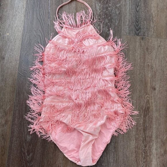 Unknown Other - Pink Fringe Halter Bodysuit With Swirl Design Party Dancewear Soft Fabric Adjust
